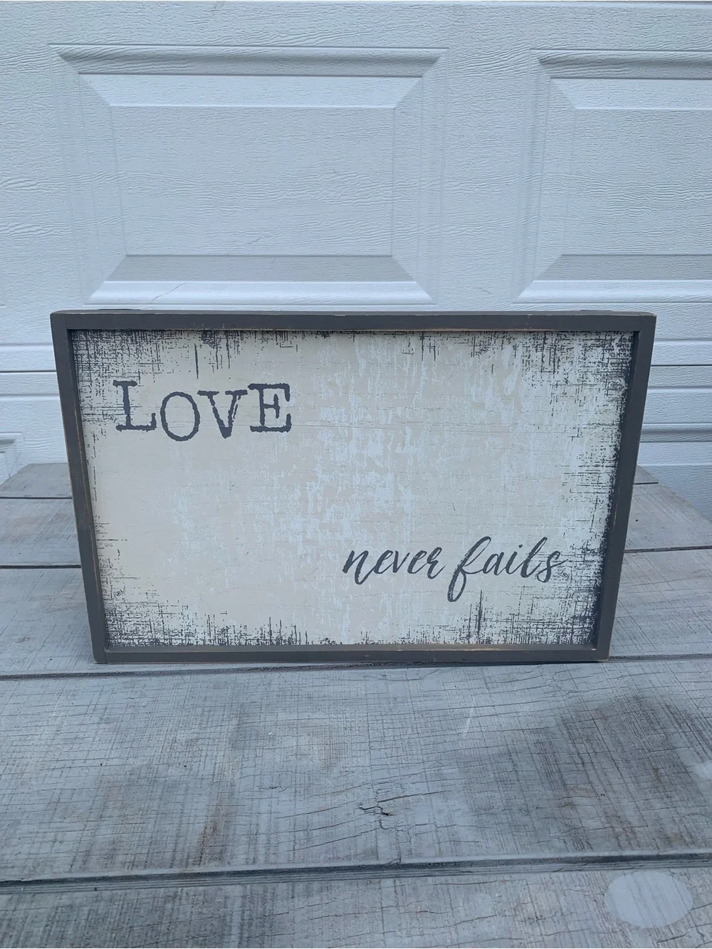 At Home Love Never Fails Framed Wooden Farmhouse Wall Sign Decor Vertical 18x12